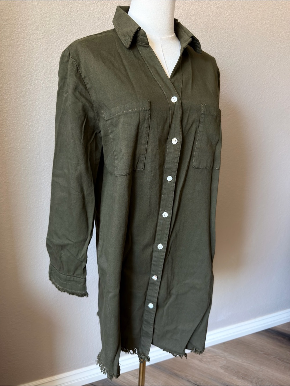 NWT Relaxed Army Green Mini Shirt Denim Dress with Fringe Hem, Large - Picture 4 of 6